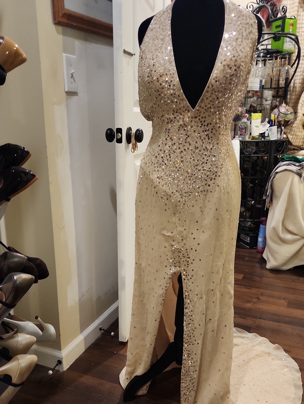 Sequin-Embellished Deep V Evening Gown in Champagne